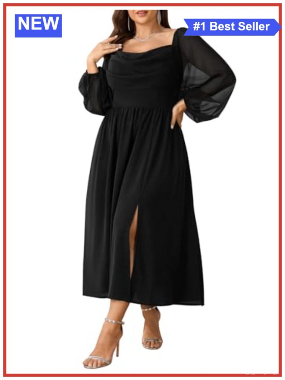 Plus Size Chiffon Long Sleeve Cowl Neck Maxi Dress with Lantern Sleeves